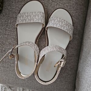 Michael Kors Neutral Logo Strap Sandals with Gold Buckle